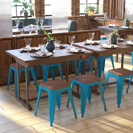 Flash Furniture 4 " Teal Metal Stool with Wood Seat, PK4 ET-BT3503-18-TL-WD-GG